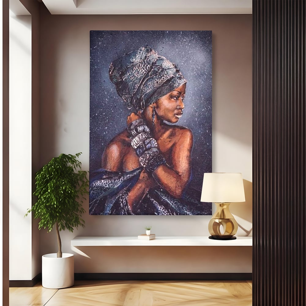 Tablou canvas cu tablou canvas cu portret de femeie africana, fara rama, pe sasiu de lemn